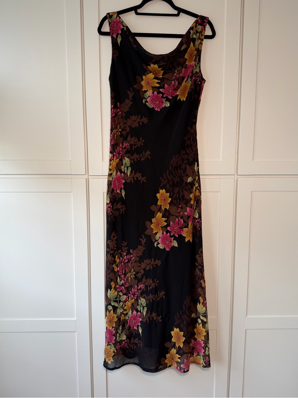 Vintage Marina Beaded Floral Whimsical Chiffon Cowl Neck Formal Maxi Dress 90’s